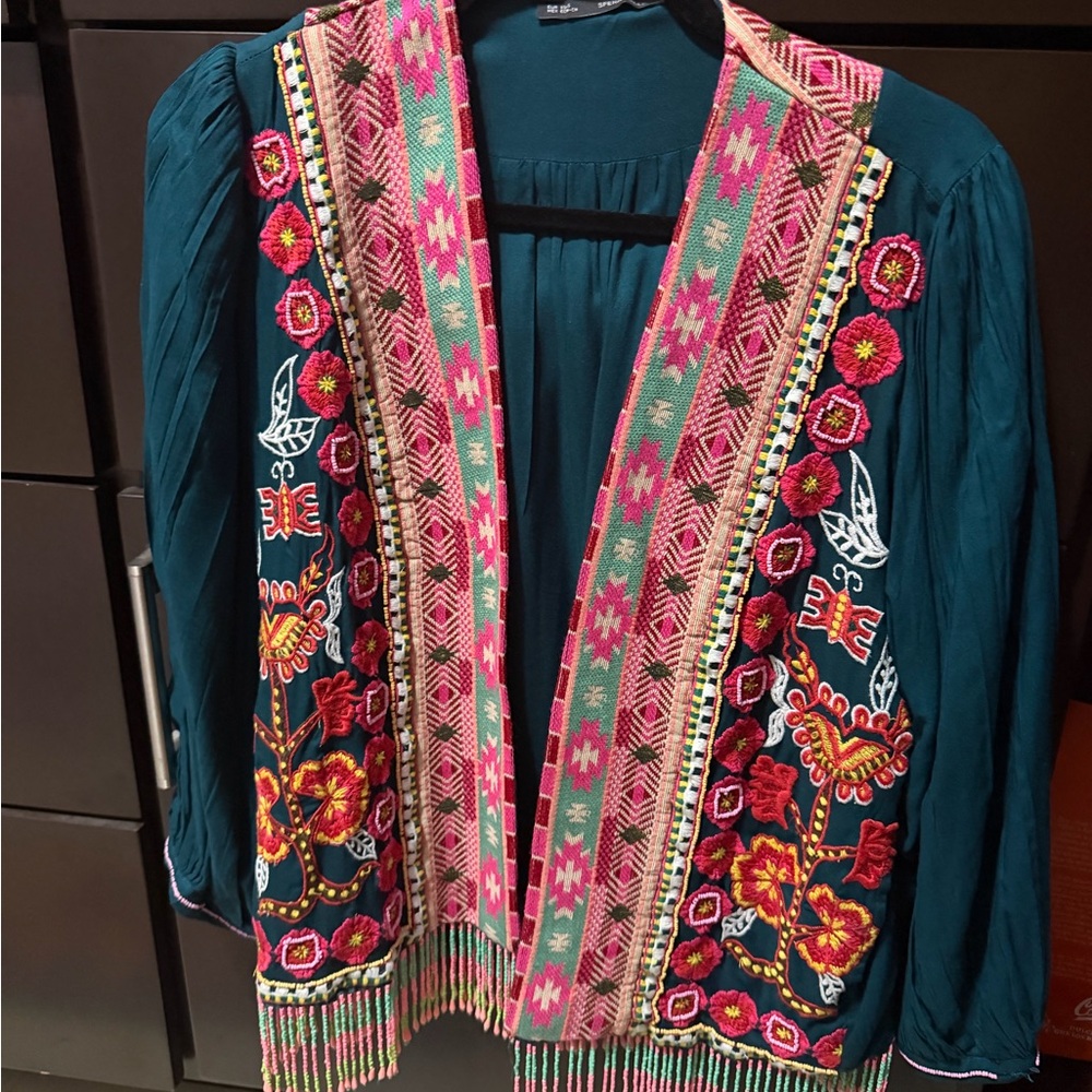 Teal Jacket with Pink Embroidered Trim